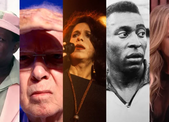 Montagem com retratos (da esquerda para a direita): o humorista Mussum, o ex-técnico da seleção Zagallo, a cantora Gal Costa, o jogador Pelé e a apresentadora Eliana