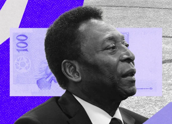 Montagem com foto de Pelé sobre fundo geométrico.