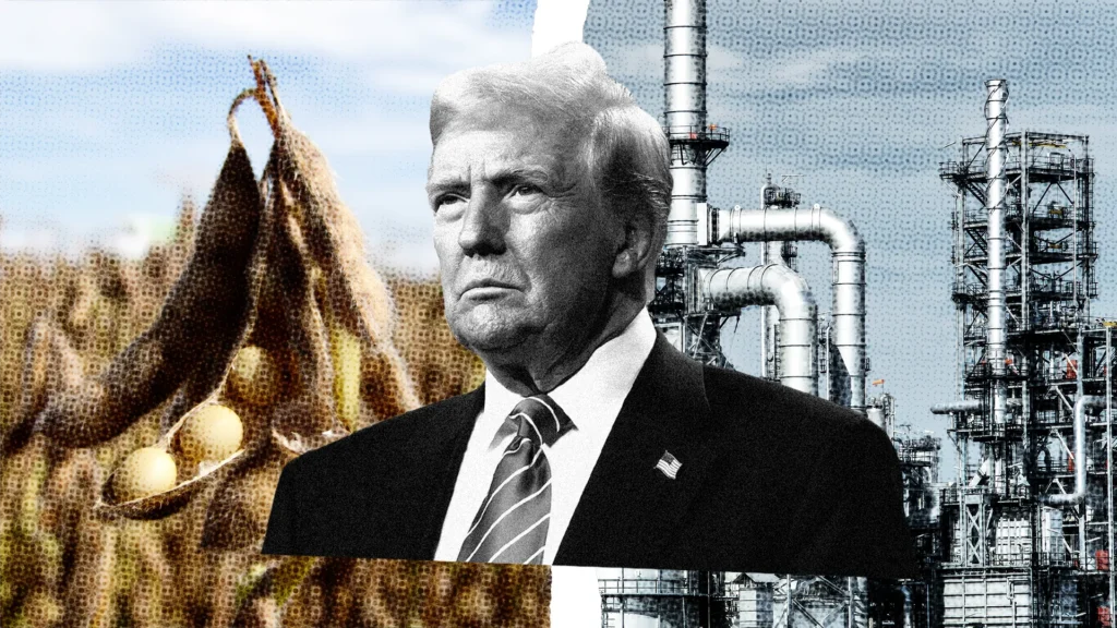 Uma composição que simboliza a conexão entre agricultura e indústria, com uma planta de soja, um retrato de Donald Trump sério em trajes formais e uma infraestrutura industrial.