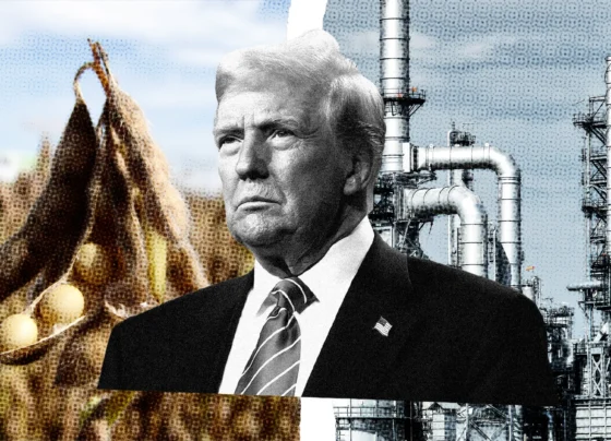 Uma composição que simboliza a conexão entre agricultura e indústria, com uma planta de soja, um retrato de Donald Trump sério em trajes formais e uma infraestrutura industrial.